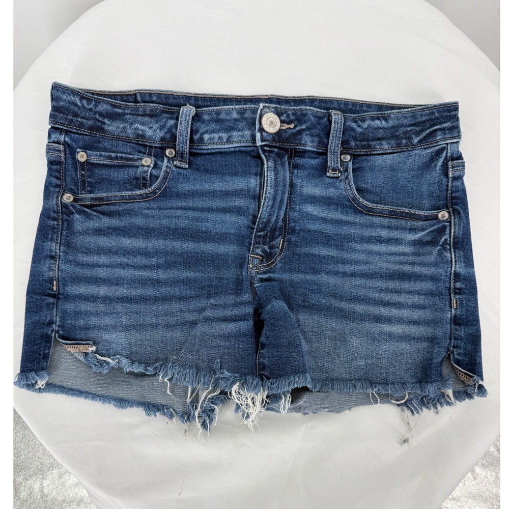 American Eagle Denim Shorts Women 6 Blue Raw Hem Stretch Mid Rise Side Slit